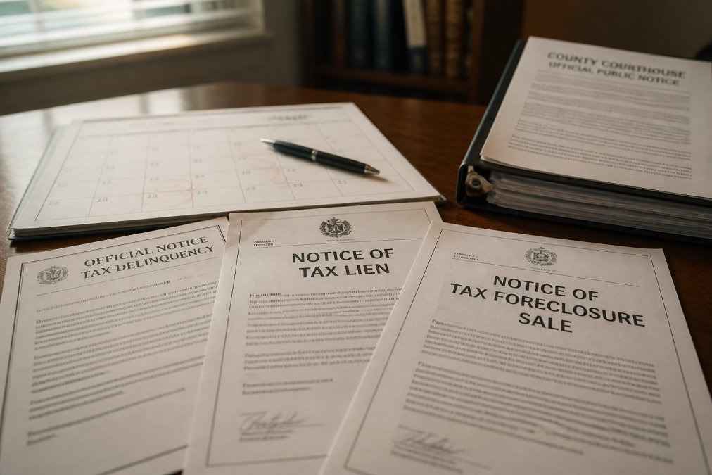 Official legal documents and tax foreclosure notices spread on a desk with a calendar marking critical dates, a pen, and a county courthouse notice visible, natural office lighting