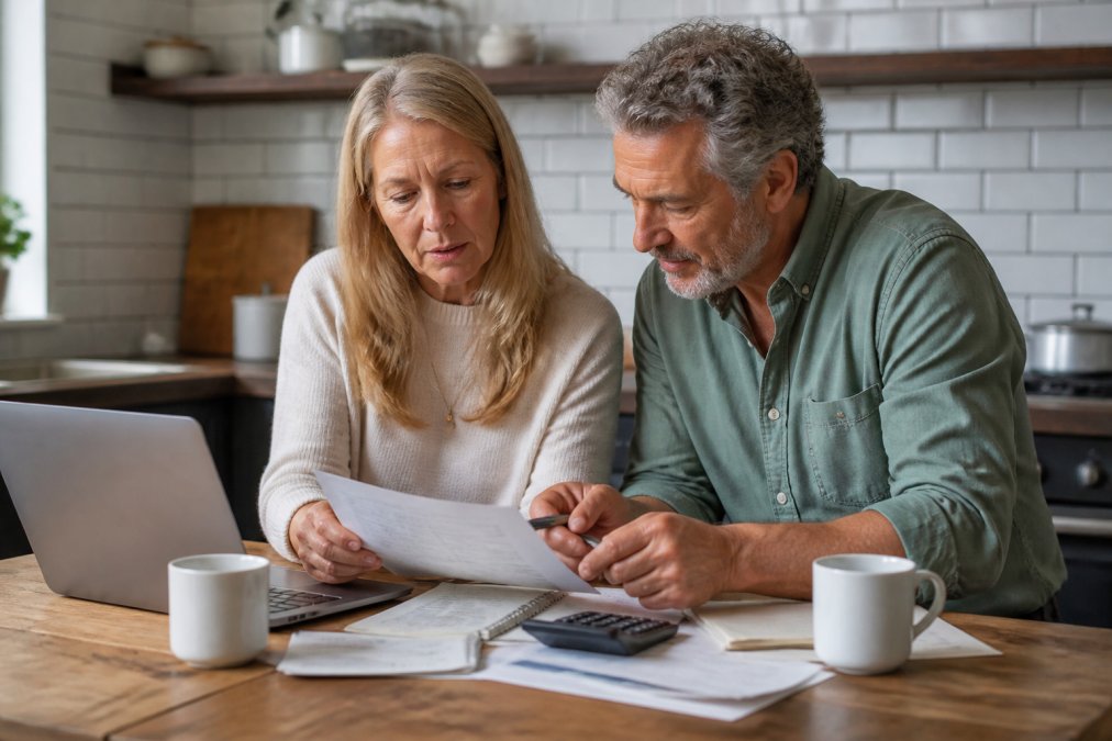 A couple in their late 50s sitting at a kitchen table reviewing financial documents and a laptop, with a calculator and coffee mugs nearby, discussing retirement plans in a warm home setting