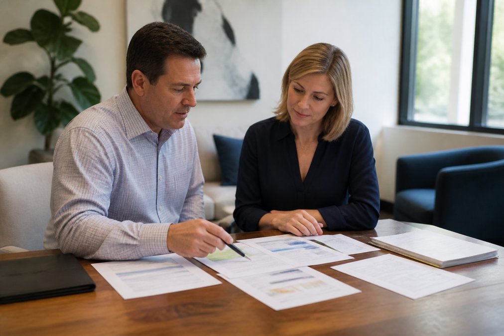 A financial advisor and a client reviewing account statements and a laptop screen at a wooden desk in a bright office, with documents showing investment categories spread out