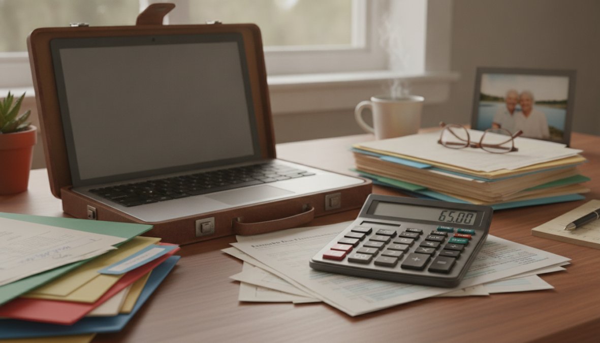 A financial advisor and retired couple reviewing tax documents and retirement account statements together at a desk with a laptop and calculator in a modern office