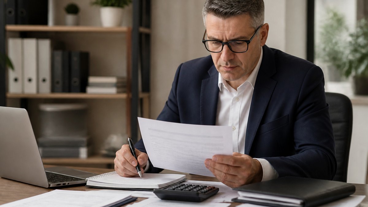 Business executive reviewing financial documents to implement tax efficient strategies for executives at their desk.