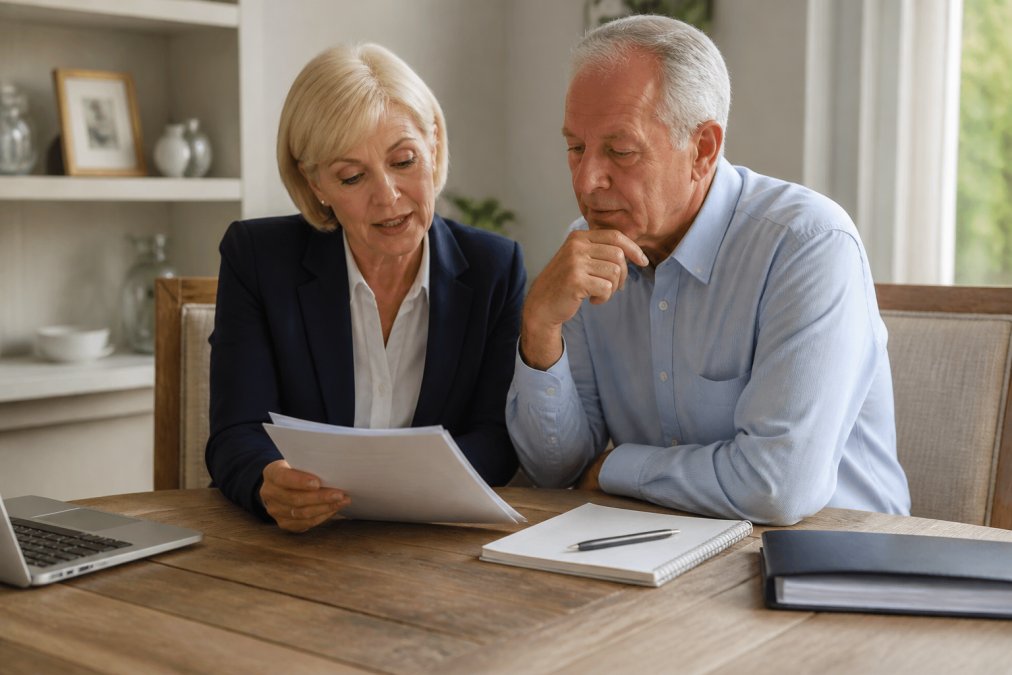 Financial advisor and client reviewing estate planning documents together at a wooden desk with laptop and notepad, natural office lighting, discussing wealth transfer strategy