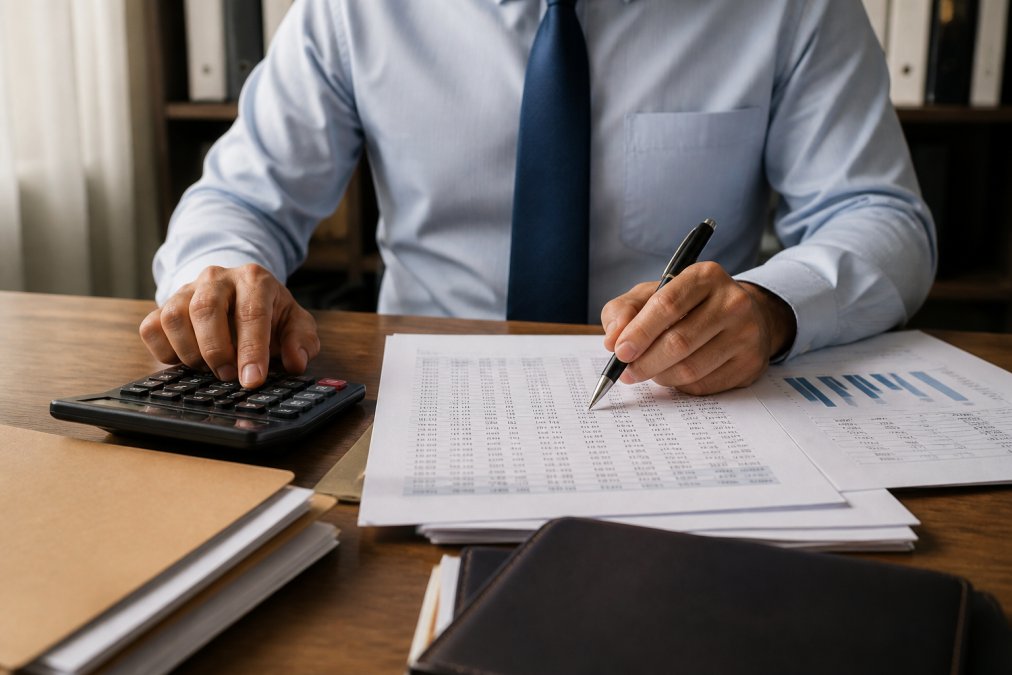 Professional reviewing tax documents and financial statements on desk with calculator and pen, representing retirement tax planning and wealth management strategy