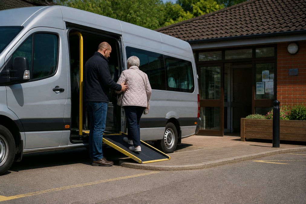 A charity minibus parked outside a community centre, with a driver helping an elderly passenger board via a side ramp
