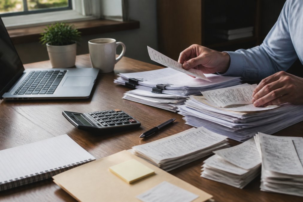 Professional organizing tax documents and receipts at a desk with a laptop to provide tax filing help.