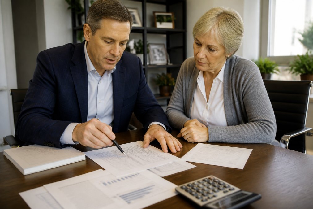 Financial advisor and client reviewing retirement planning documents together at a desk with charts, statements, and a calculator visible in natural office lighting