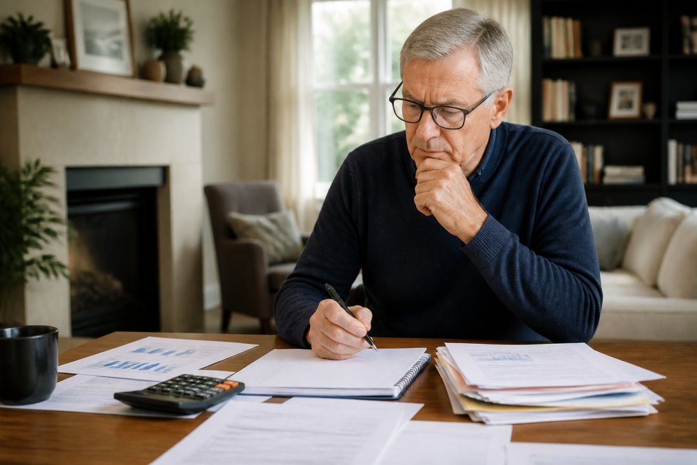 Mature professional reviewing investment options on a laptop with a notepad, calculator, and financial documents visible on a desk with natural lighting