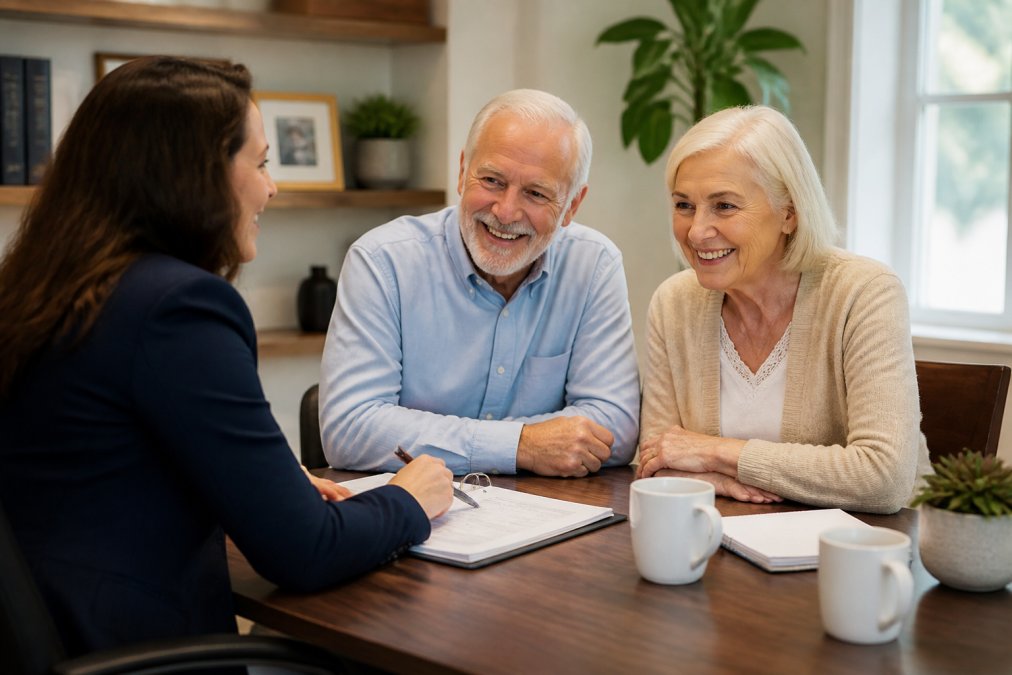 Insurance agent explains tax free retirement options to a retired couple in a bright office.