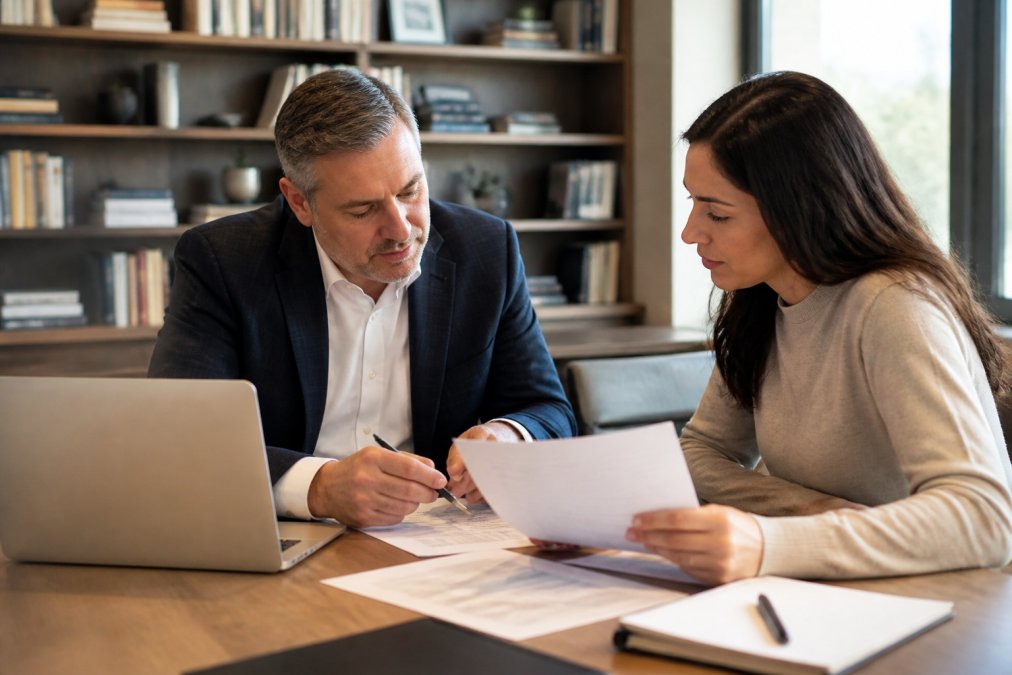 A CPA and a small business owner seated across a desk in a professional office, both reviewing printed financial documents and a laptop screen together, with warm overhead lighting and bookshelves visible in the background