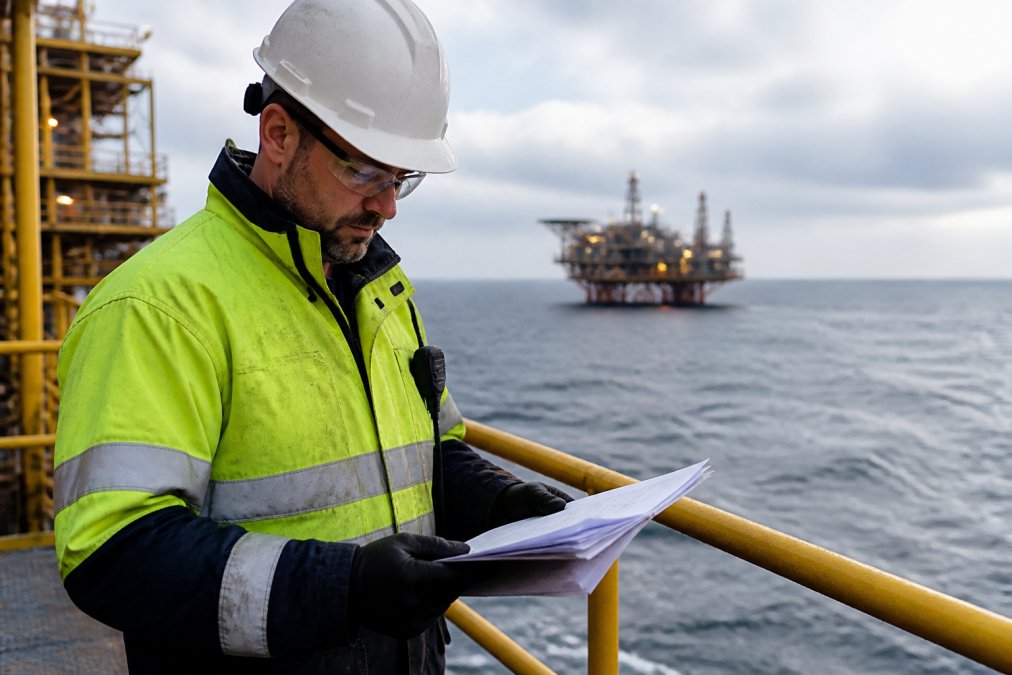A worker in a hi-vis jacket and hard hat reviewing printed tax documents on an offshore platform deck, grey North Sea water stretching to the horizon behind them