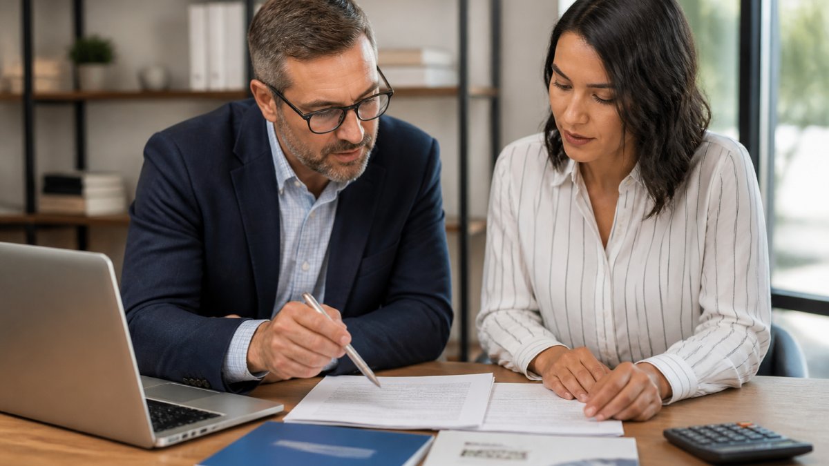 Business owner and tax consultant reviewing LLC formation documents and tax comparison charts at desk with laptop, calculator, and business structure guides in modern office