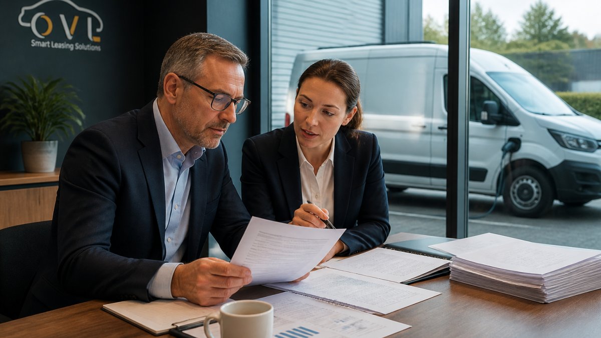 Finance director and fleet manager reviewing documents and laptop in a modern office, with electric van visible through the window in the background