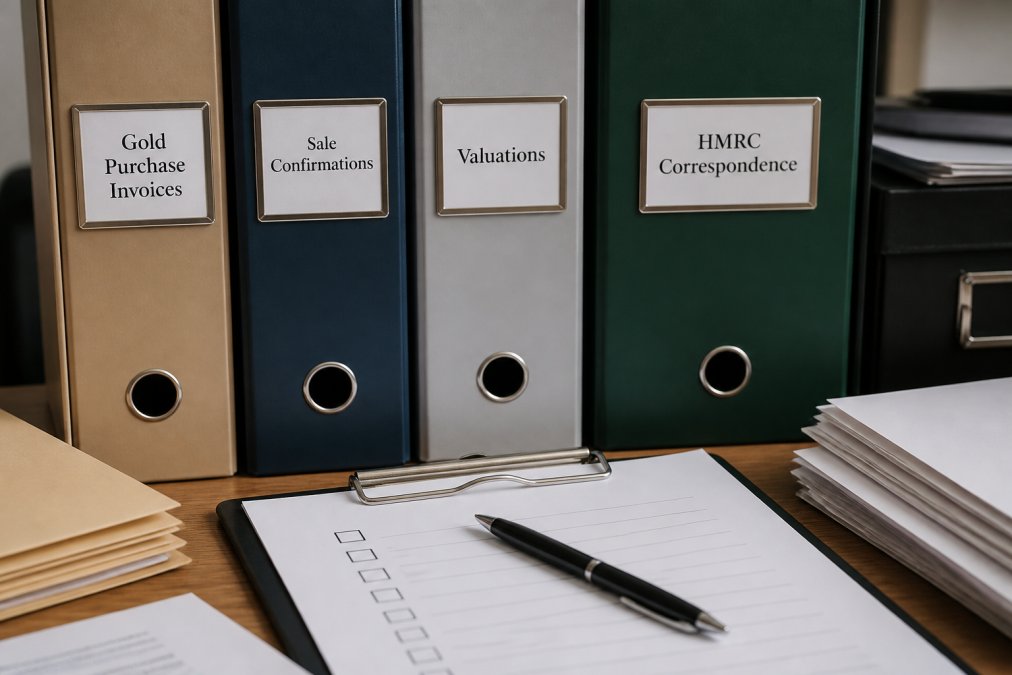Organised filing system showing folders for gold purchase invoices, sale confirmations, valuations, and HMRC correspondence, with a checklist of required documents