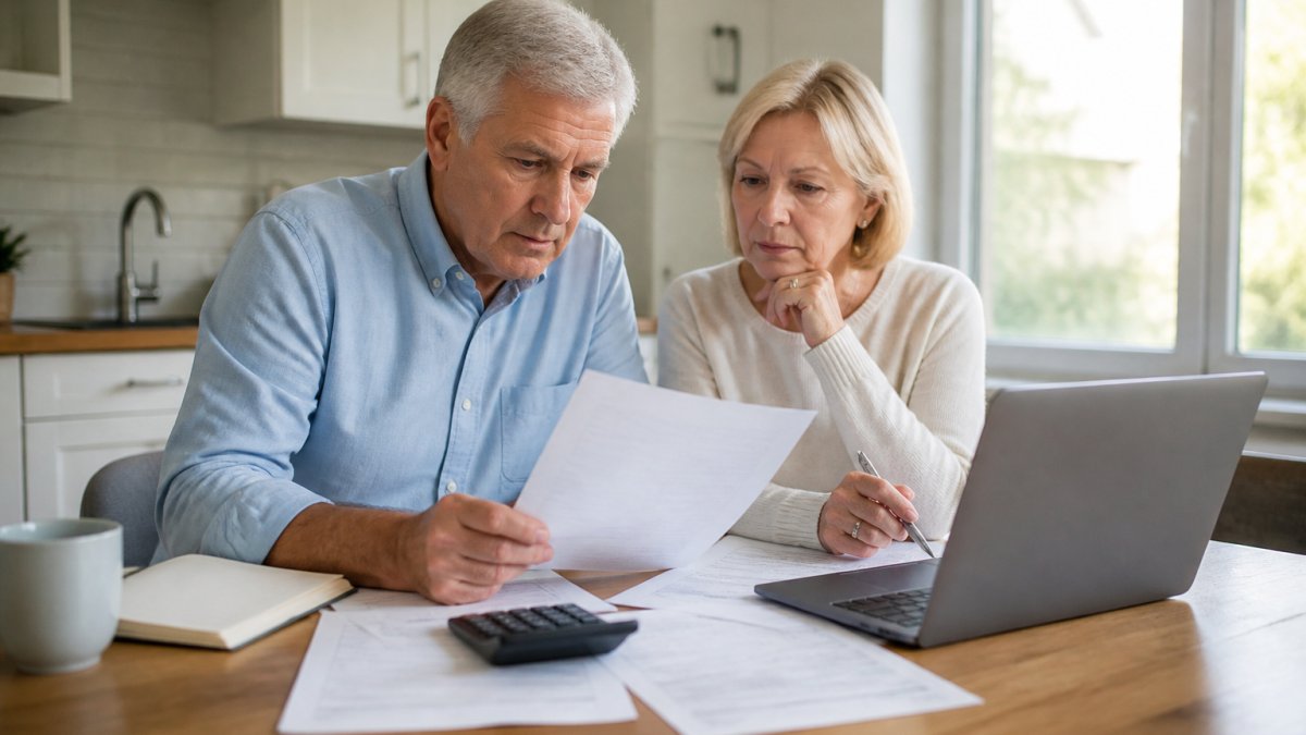 Mature couple sitting at a kitchen table with financial documents, calculator, and laptop, reviewing retirement account paperwork together in natural daylight