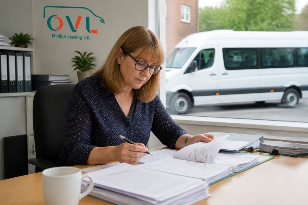 A school business manager reviewing lease documents and tax paperwork at a desk in a bright school office, a white minibus visible through the window behind her