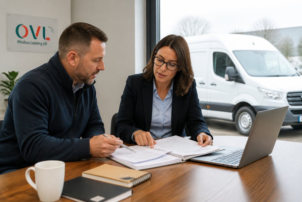 A fleet manager and an accountant reviewing vehicle purchase documents and a laptop showing spreadsheets in a bright UK office, with a white van visible through the window