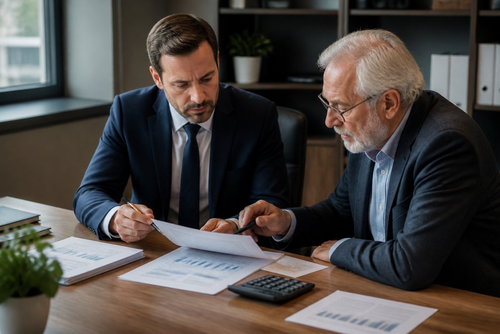 A business owner in a tailored suit reviewing financial documents with an accountant at a wooden desk, a calculator and spreadsheets visible under soft office lighting