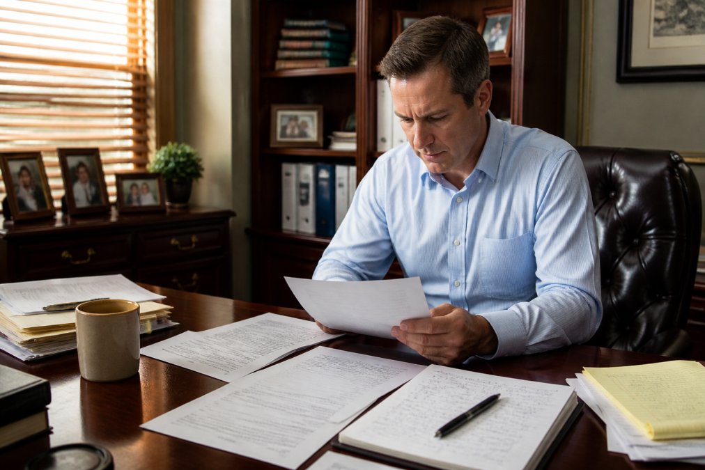 A real estate investor seated at a mahogany desk reviewing printed tax legislation documents and handwritten notes, with a laptop open to a spreadsheet, a coffee cup nearby, and warm afternoon light coming through office blinds