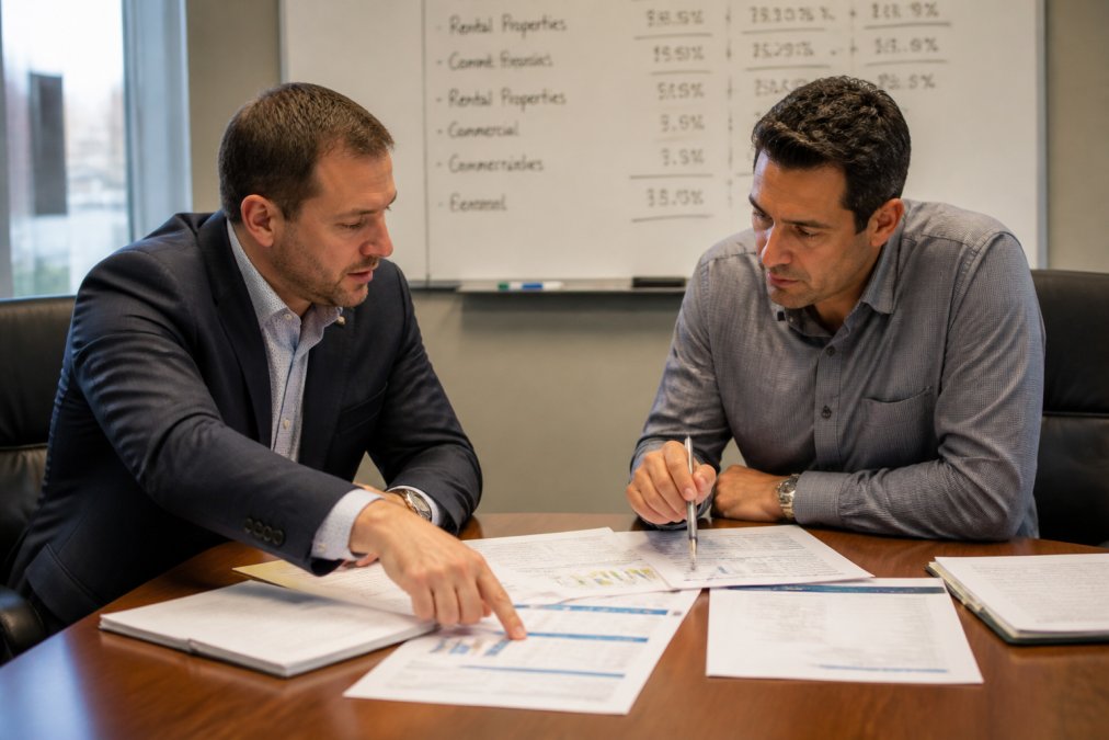 A financial advisor and real estate investor seated across a conference table, both leaning forward and pointing at printed tax strategy documents spread between them, with a whiteboard showing property portfolio figures visible in the background under bright office lighting