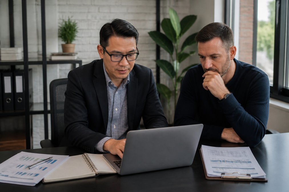 Accountant and business owner reviewing financial statements and tax management data on a laptop in an office