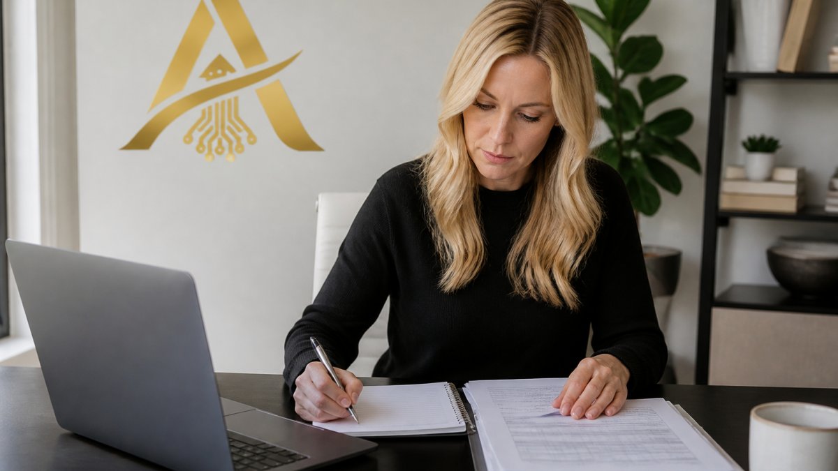 Professional at desk reviewing transaction records on laptop with organized notebook and pen, focused on crypto bookkeeping documentation