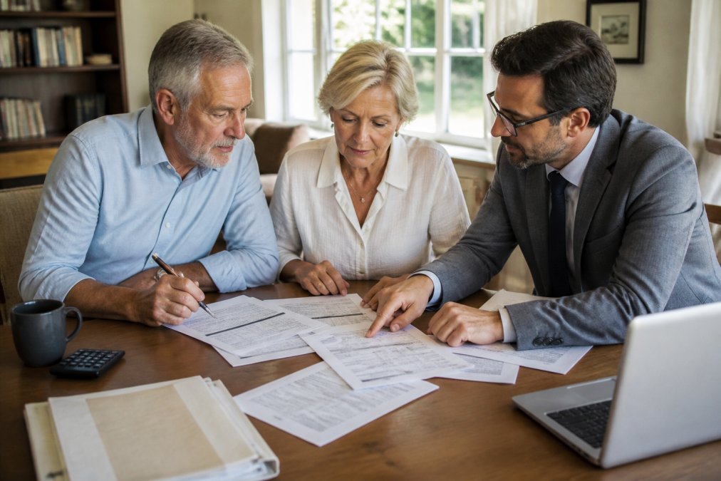 A financial advisor explains tax planning strategies to a couple reviewing retirement documents at home