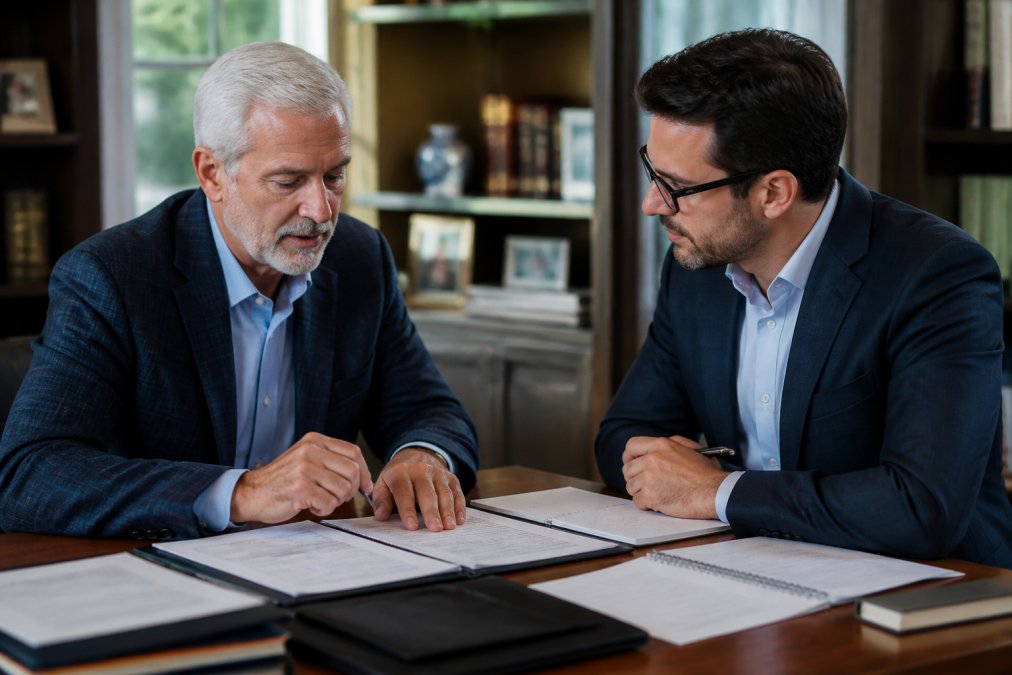 Financial advisor and client reviewing retirement account statements and tax documents at a desk with laptop and notepad, natural office lighting
