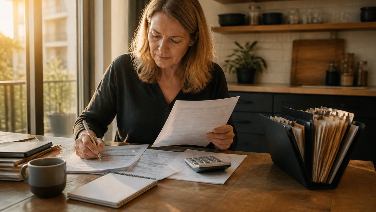 Business owner at desk reviewing rental property documents and spreadsheets with calculator and filing organizer nearby