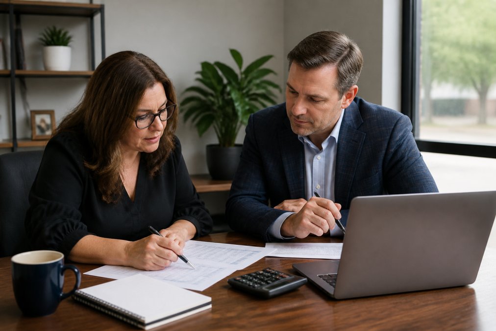 A small business owner and a tax professional reviewing financial documents and a laptop at a wooden desk in a bright office, with a calculator and coffee cup nearby