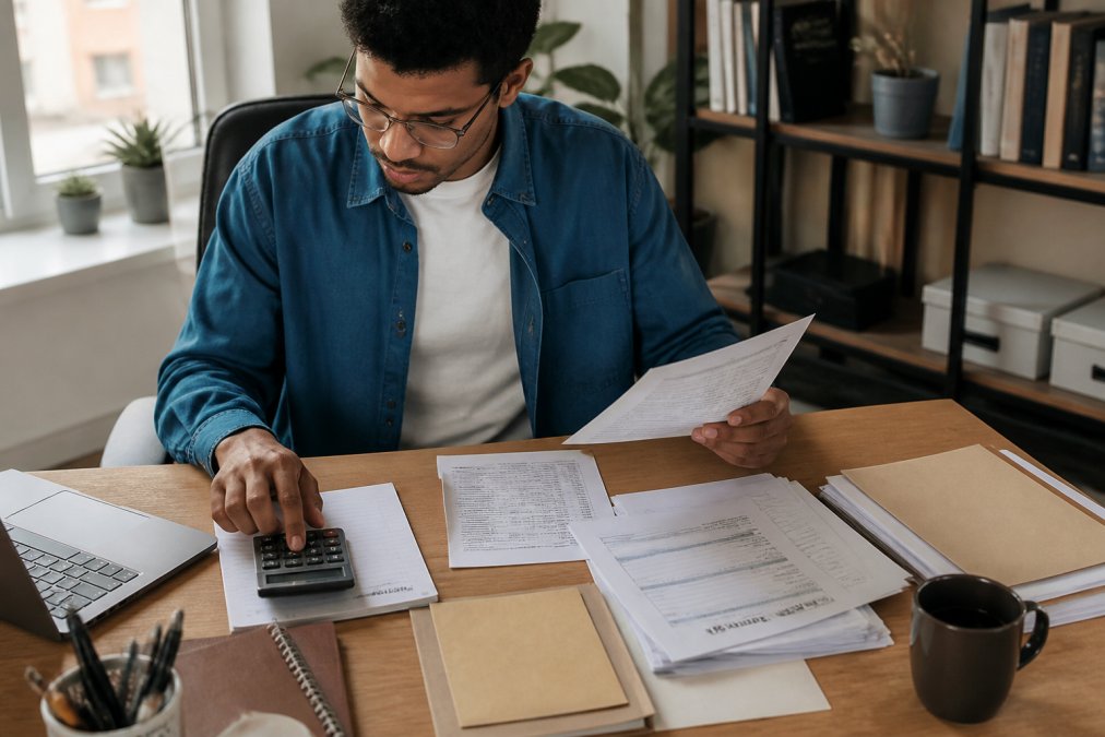 Freelancer working at desk with laptop, notebook, and tax documents spread out, reviewing quarterly payment schedule with calculator and organized files in natural office lighting