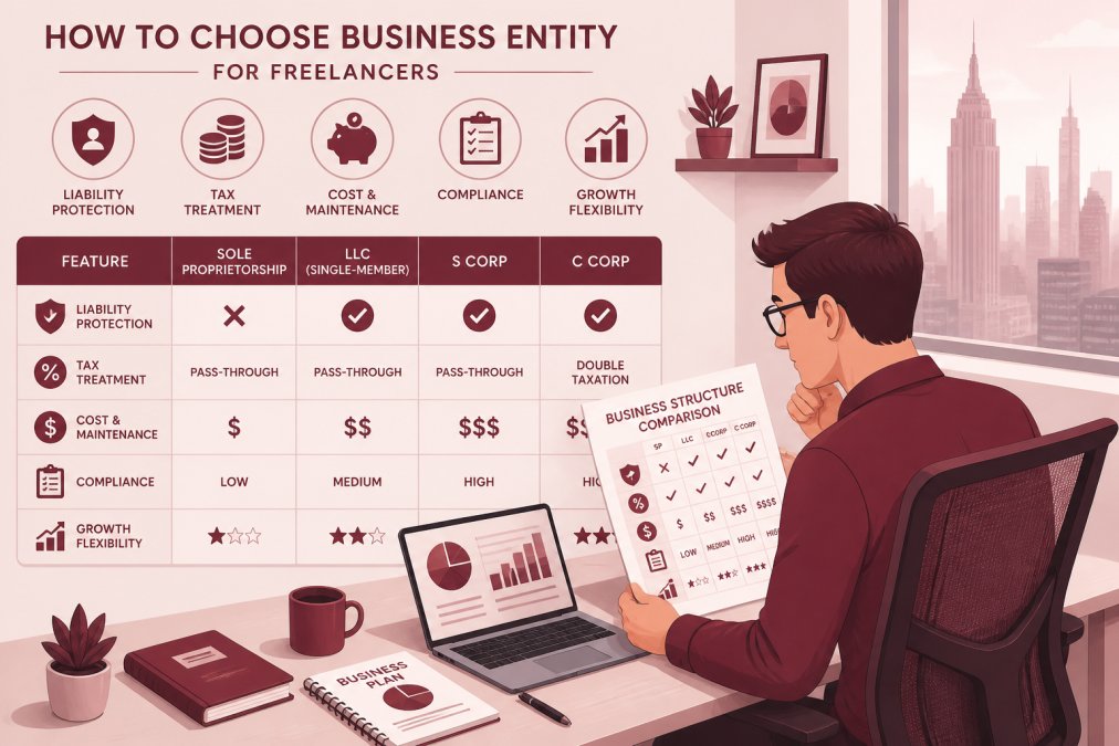 Freelancer sitting at ergonomic desk with laptop, reviewing business structure documents and comparison chart with focused concentration, natural window lighting illuminating organized workspace