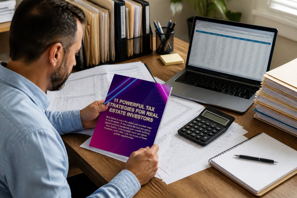 Professional real estate investor reviewing rental property financial statements and tax documents at a wooden desk with multiple property files, a calculator, and a laptop showing spreadsheets in natural office lighting