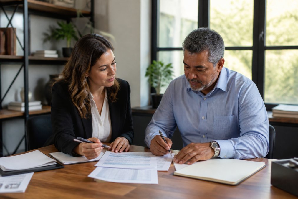 Tax professional and client sitting at desk reviewing financial documents, strategy notes, and calendar together in modern office with natural light from windows