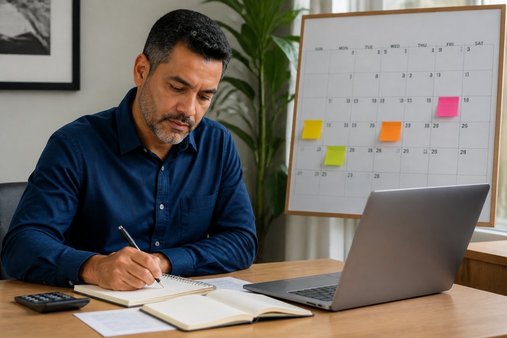 Business owner at desk with calendar, notebook, and laptop showing tax planning timeline across months, with quarterly checkpoints and year-end strategy notes visible