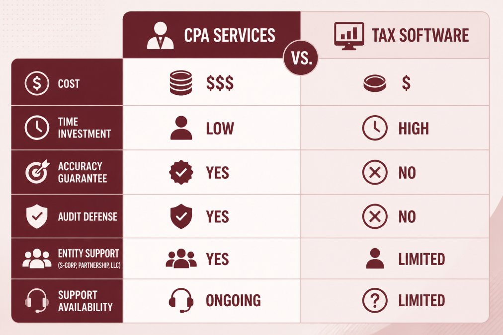 Comparison matrix showing CPA services vs. tax software: rows for cost, time investment, accuracy guarantee, audit defense, entity support (S-corp, partnership, LLC), and support availability