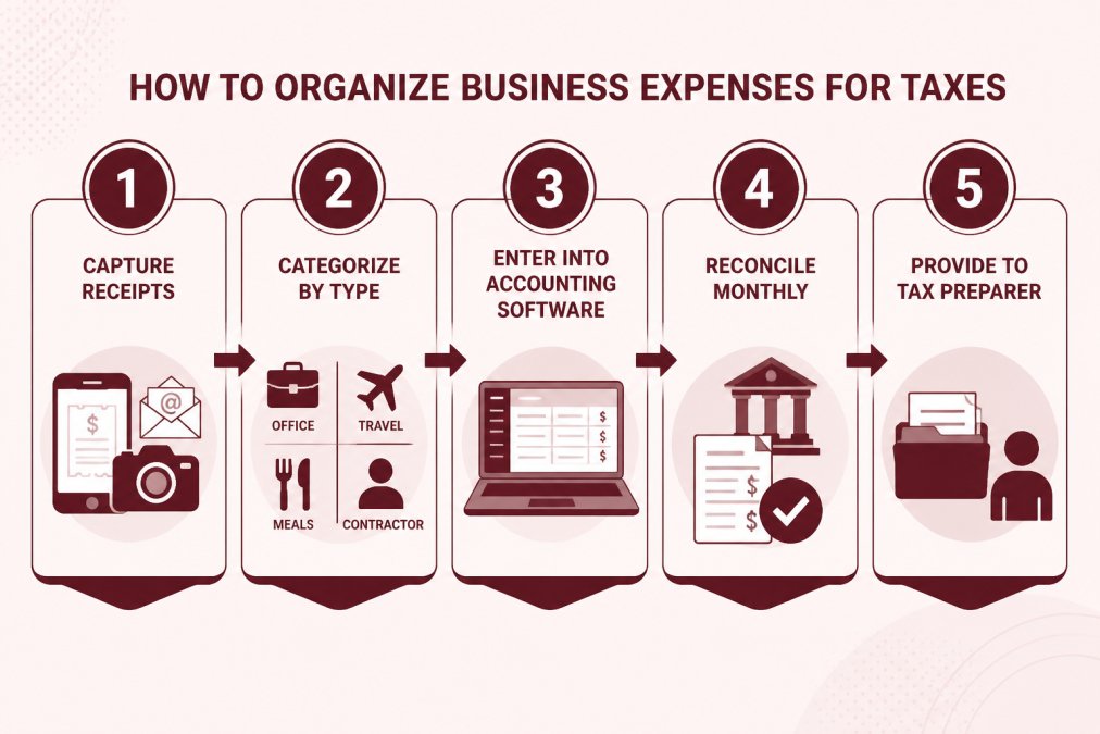 Flowchart showing 5-step expense organization process: 1) Capture receipts (photo, email, or digital), 2) Categorize by type (office, travel, meals, contractor), 3) Enter into accounting software, 4) Reconcile monthly against bank statements, 5) Provide to tax preparer