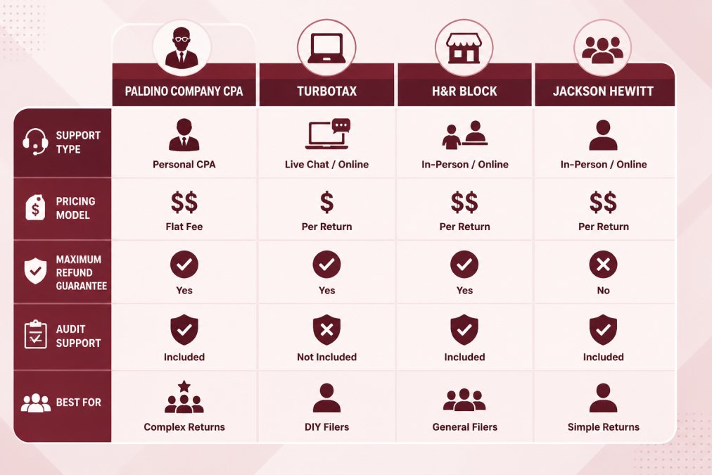 Feature comparison matrix showing Paldino Company CPA, TurboTax, H&R Block, Jackson Hewitt across columns for Support Type, Pricing Model, Maximum Refund Guarantee, Audit Support, and Best For categories
