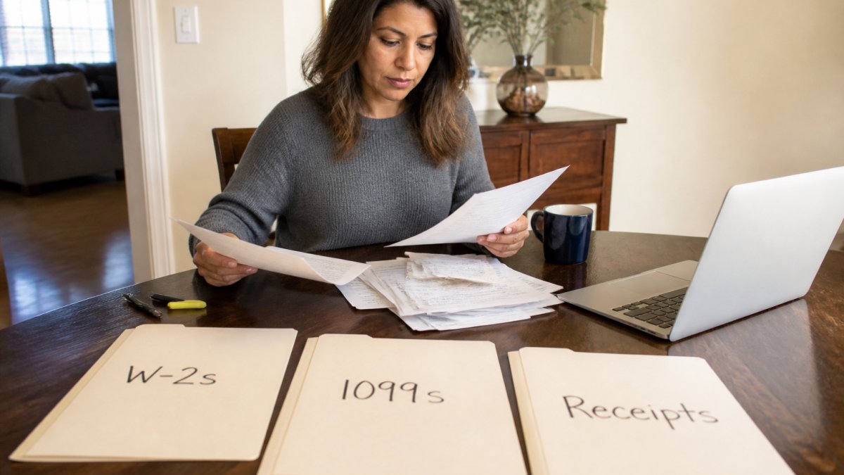 A person at a dining table sorting a stack of tax documents, W-2s, 1099s, and receipts into labeled folders with a laptop open nearby