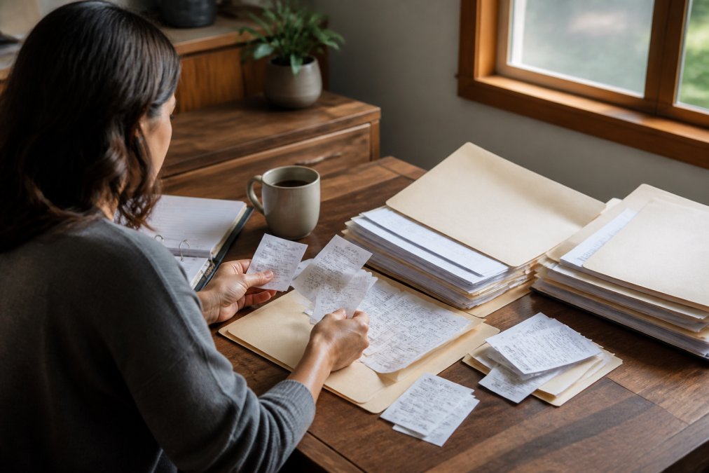 A small business owner at a wooden desk sorting receipts and bank statements into labeled folders, laptop open to a bookkeeping spreadsheet, coffee mug nearby, warm natural light from a window