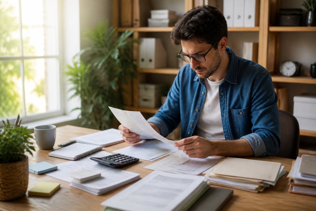 Self-employed professional organizing receipts, invoices, and financial documents on a desk with a laptop and calculator in a modern home office with natural sunlight
