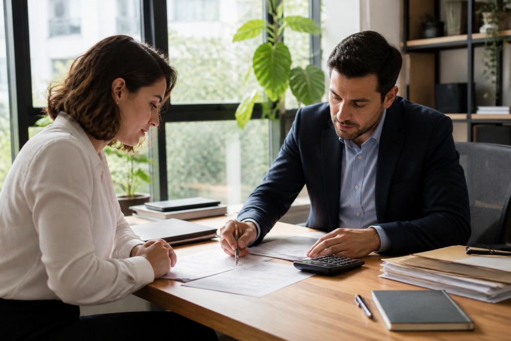 Freelancer meeting with a tax professional in a modern office, reviewing financial documents and tax forms together at a desk with natural light streaming through windows