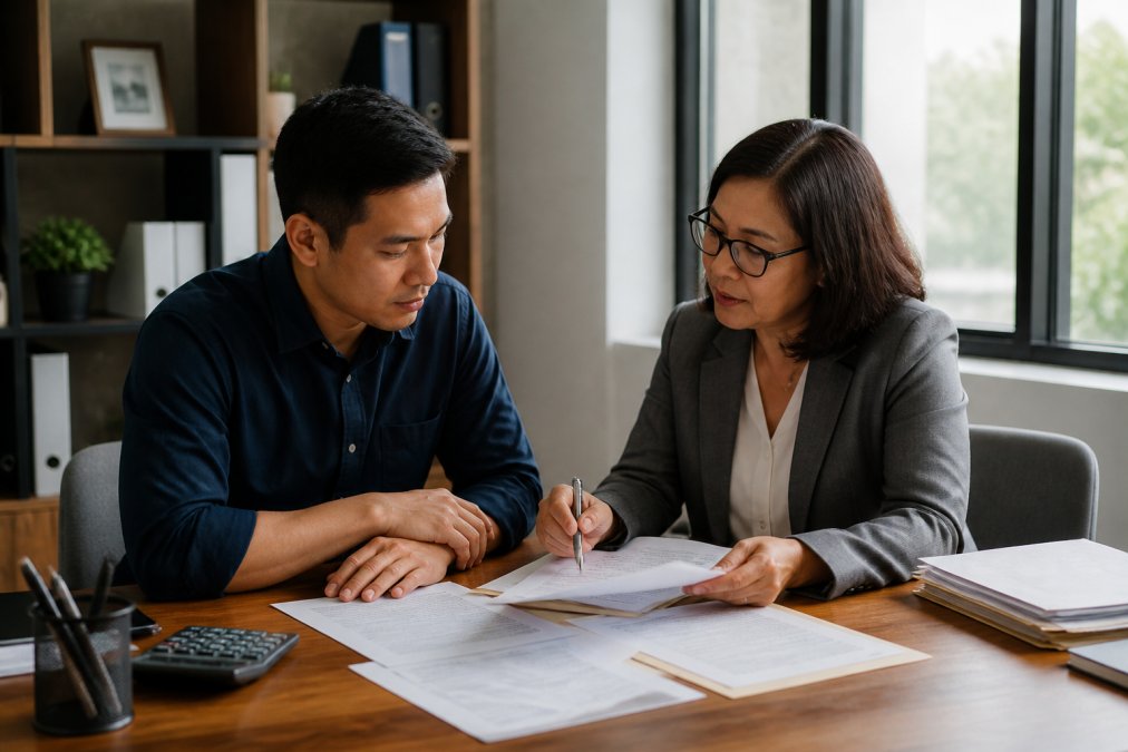 Professional tax advisor sitting across from client at wooden desk, reviewing IRS notices and financial documents together in modern office with natural lighting from window