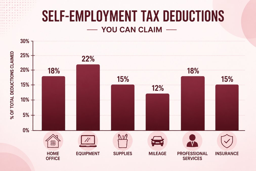 Bar chart comparing common freelancer deduction categories: home office 18%, equipment 22%, supplies 15%, mileage 12%, professional services 18%, insurance 15% of total deductions claimed