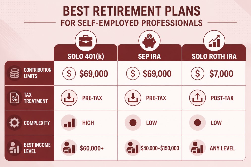 Comparison matrix showing Solo 401(k) vs SEP IRA vs Solo Roth IRA: contribution limits ($69,000 vs $69,000 vs $7,000), tax treatment (pre-tax vs pre-tax vs post-tax), complexity (high vs low vs low), best income level ($60,000+ vs $40,000-$150,000 vs any level)