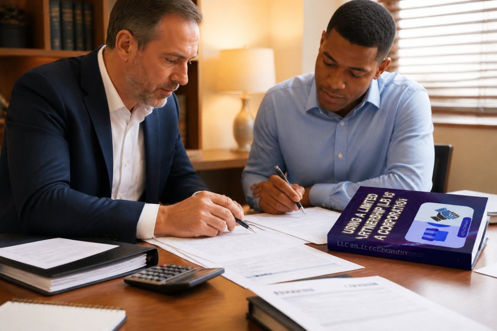 Two business partners reviewing partnership documents and tax forms at a desk with a laptop, calculator, and files spread out under warm office lighting