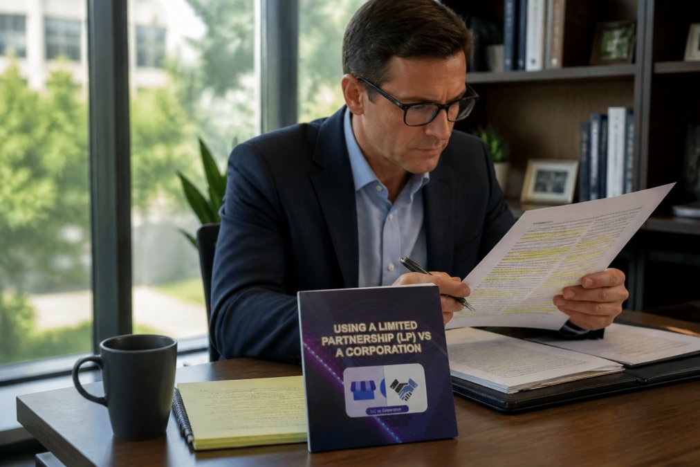 Professional reviewing an LLC operating agreement document with highlighted sections and notes, sitting in a modern office environment with soft natural light