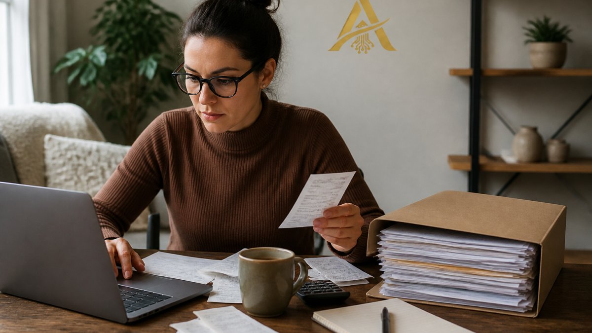 Entrepreneur at a home desk organizing receipts and documents to maximize tax savings