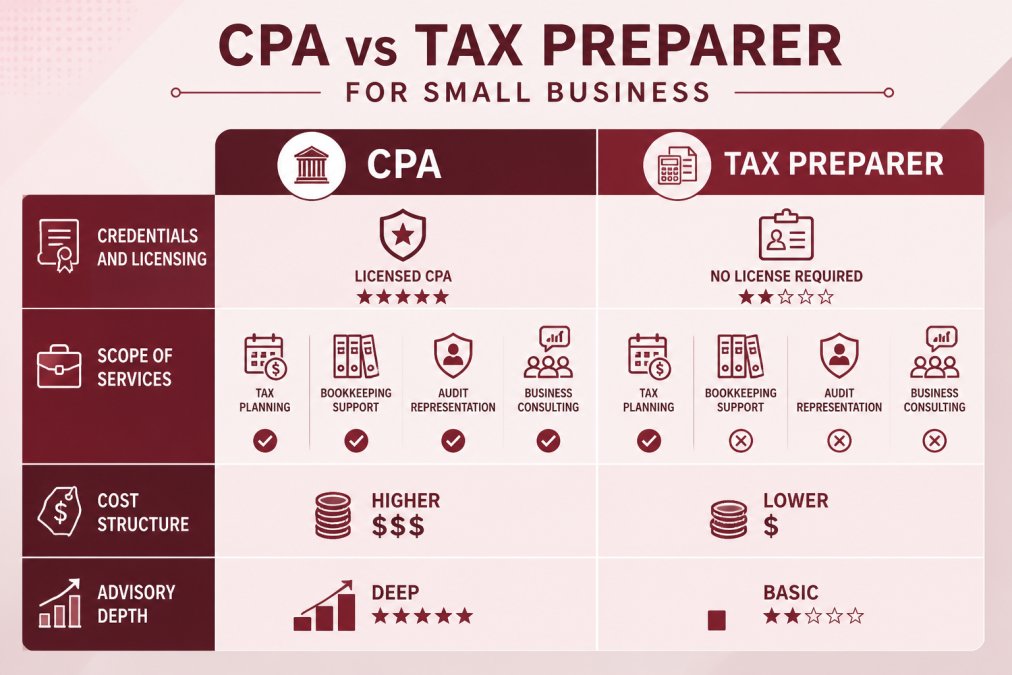 Comparison matrix showing CPA vs Tax Preparer: credentials and licensing, scope of services (tax planning, bookkeeping support, audit representation, business consulting), cost structure, and advisory depth