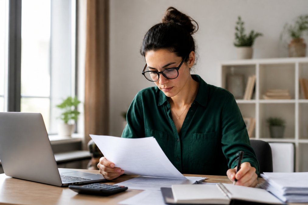 Freelancer sitting at home desk with tax documents, calculator, and laptop, reviewing financial paperwork with focused expression in natural office lighting