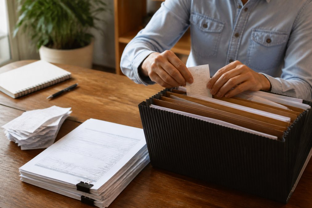 Business owner organizing receipts and financial records in filing system with organized folders and documents visible on desk